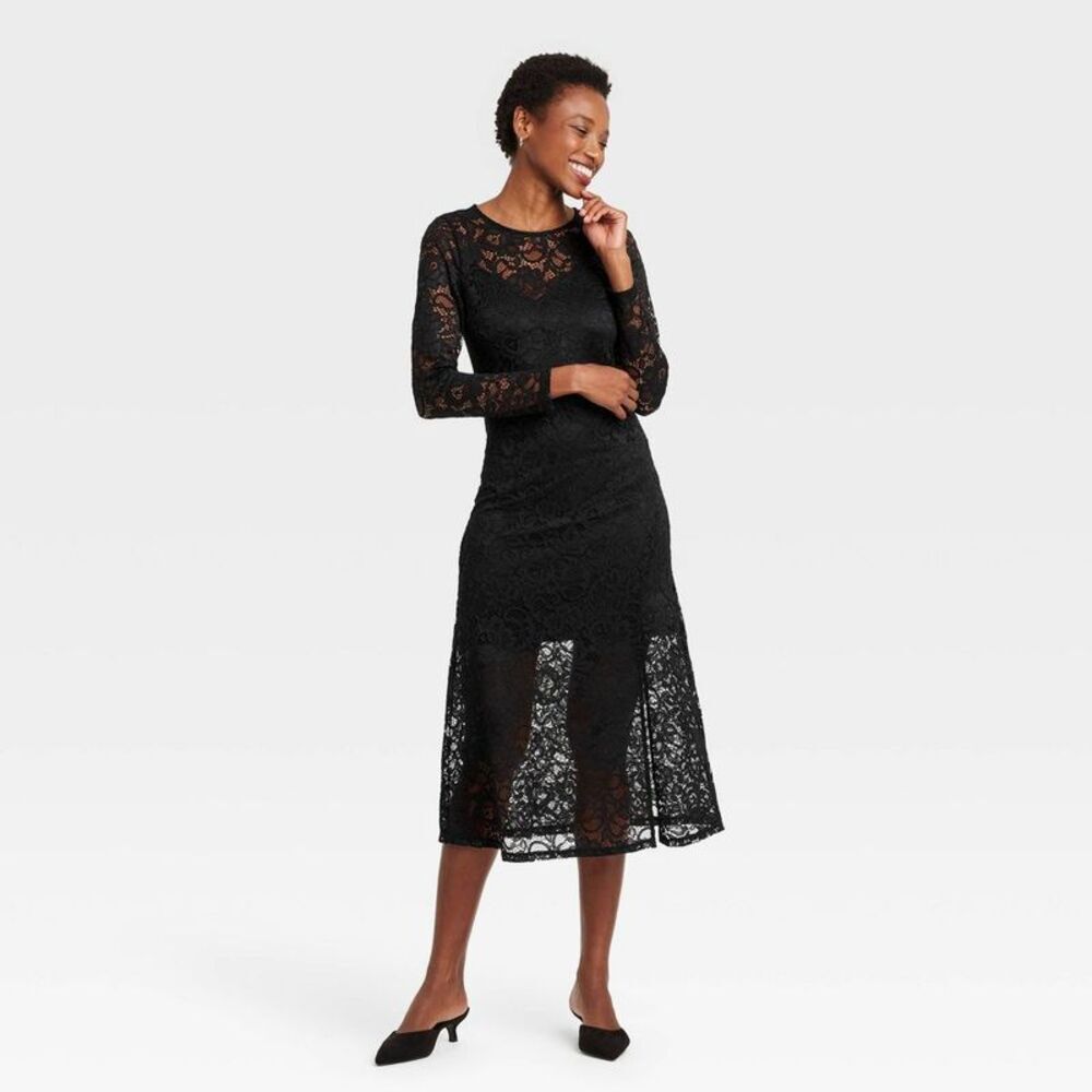 a new day Black Lace Long-Sleeve Midi Dress